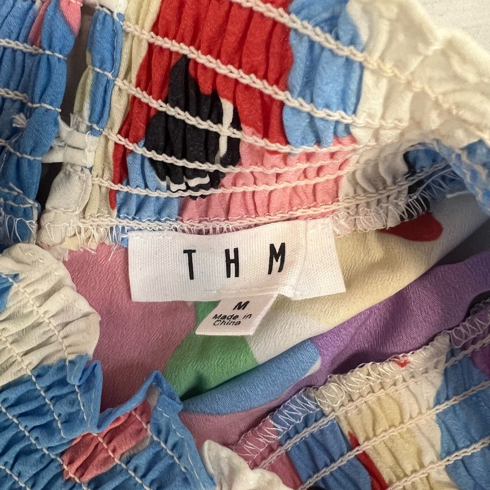 THML Colorful Smocked Mock Neck Ruffled Cap Abstract Print Blouse Sz M - Picture 7 of 9